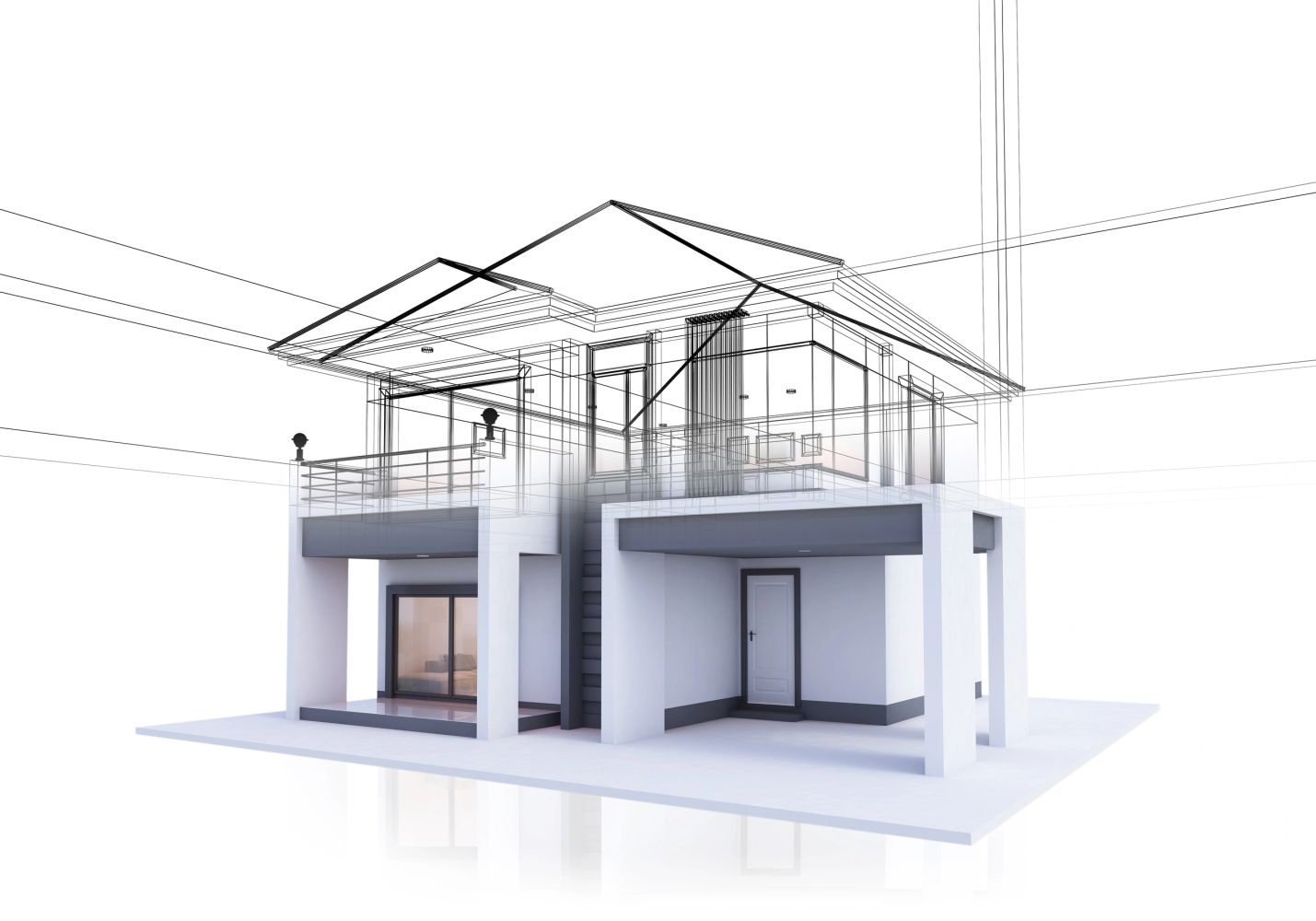3D architectural wireframe of a modern two-story house.