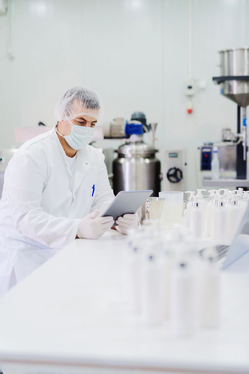 Picture of man in sterile clothes sitting in bright laboratory and checking quality of products. Holding tablet in his hands and reading notes.