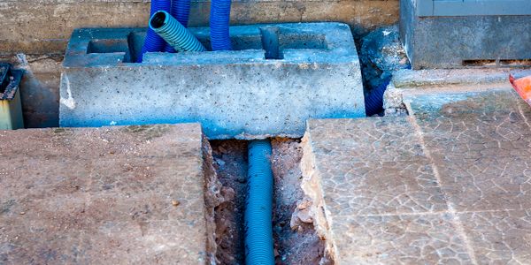 Blue electrical conduits emerging from a concrete block in a construction site.