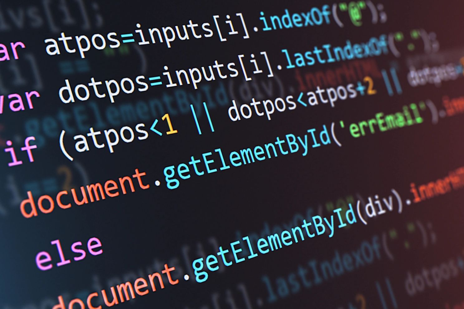 Close-up of JavaScript code on a screen.