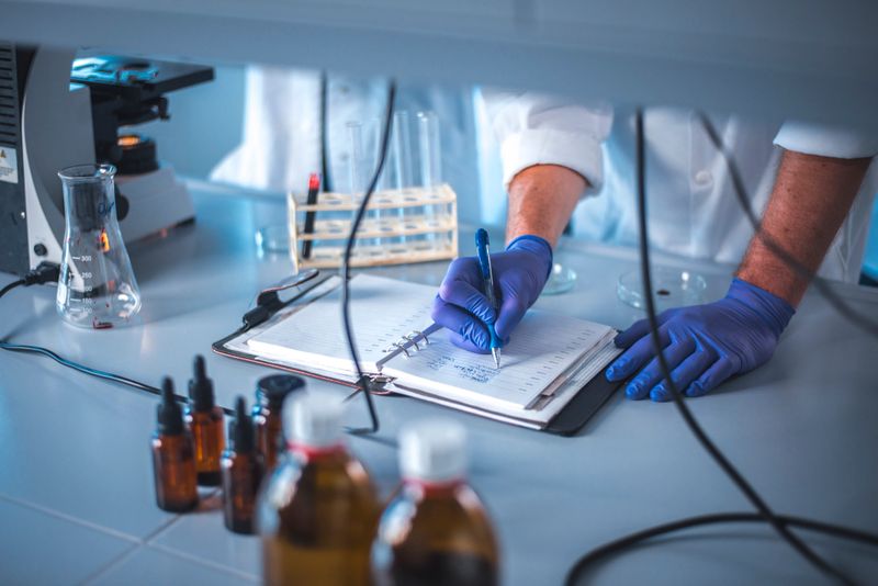 Male scientist noting test results of experiment at table. Side view of professional is wearing lab coat. Chemist is working in laboratory.
