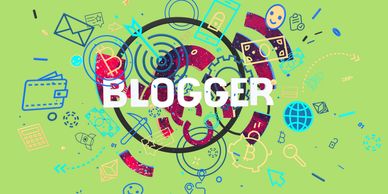 Colorful graphic with the word BLOGGER and internet icons.