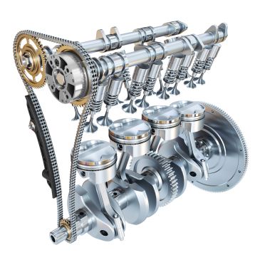 3D model of an internal combustion engine with pistons and camshafts.