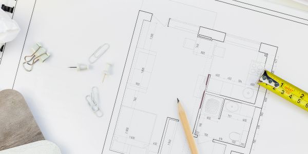 Architectural floor plan with pencil and measuring tape.