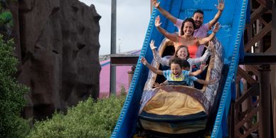 Family enjoying a thrilling water ride with arms raised in excitement.