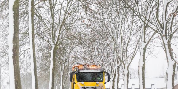 Yellow snowplow clearing a snowy road lined with leafless trees.