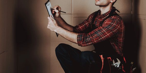 A construction worker in a hard hat taking notes inside a cardboard box.