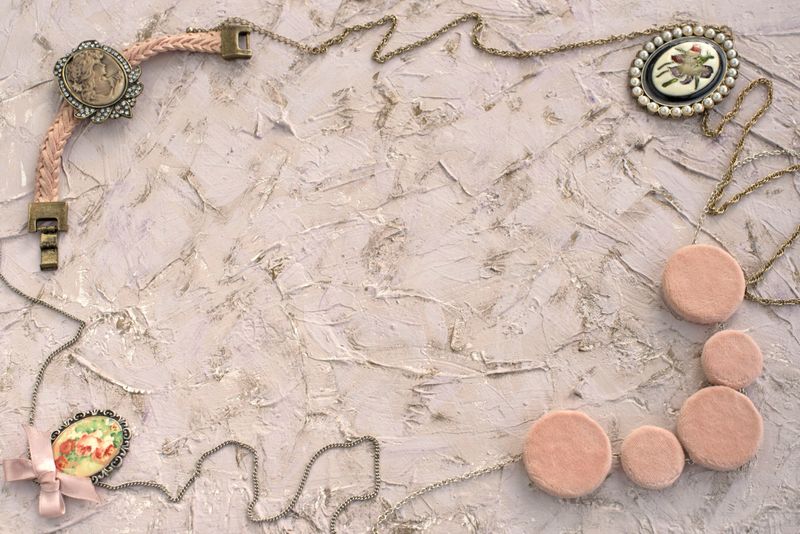 Set of beautiful jewelry for women. Top view flat lay