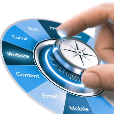 Hand adjusting a digital marketing strategy dial with various marketing options.