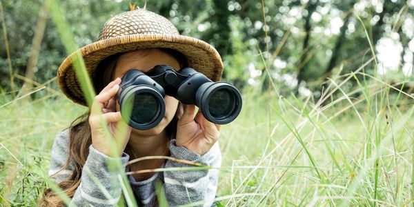 Young woman birdwatching with binoculars in nature.