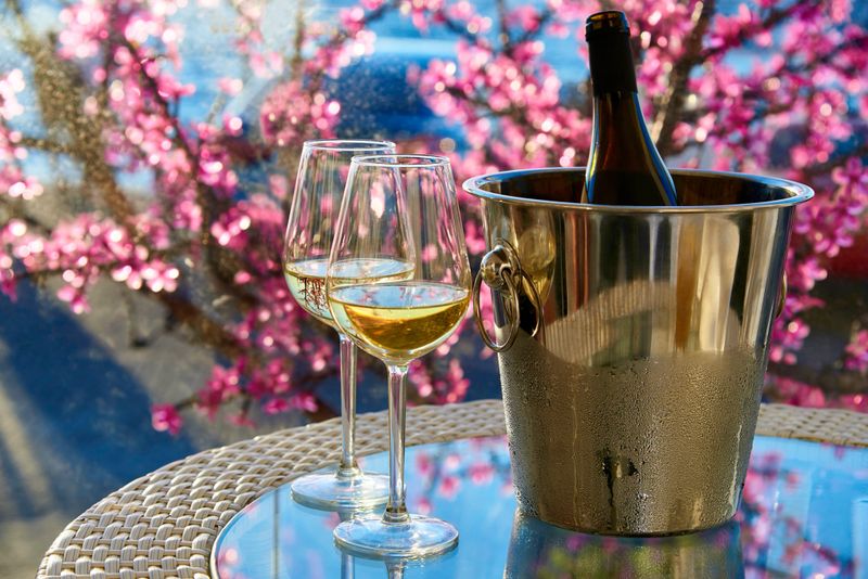 Two glasses of white cold wine on a glass table on the background of the sea and flowers.