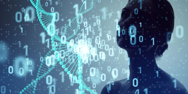 Abstract visualization of DNA and binary code with a silhouette of a woman.