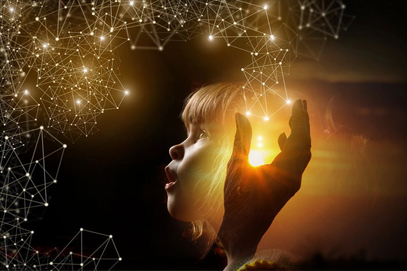 Child interacts with the interactive network. The concept of innovative thinking.