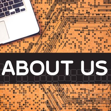 Laptop and digital circuit background with 'ABOUT US' text.