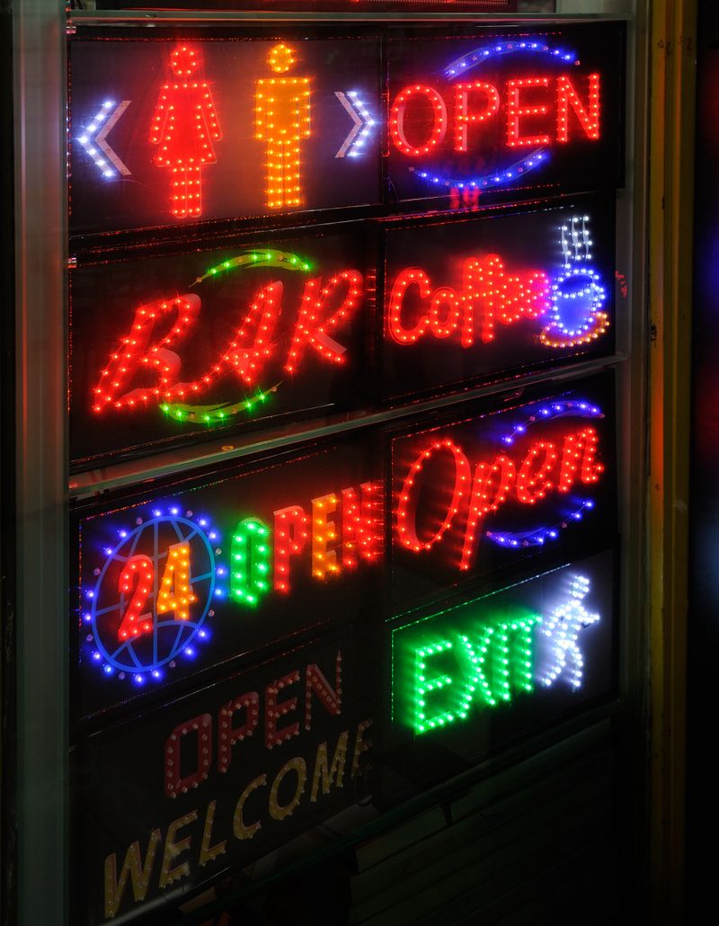 Huge variety of colorful neon and LED digital panels which can be used for advertisements or information. Sample texts displayed in different shapes.