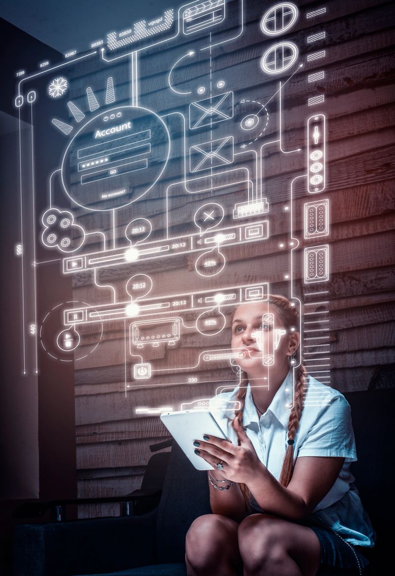 Young woman using tablet and analyze account infograph screen at home.Futuristic user interface.