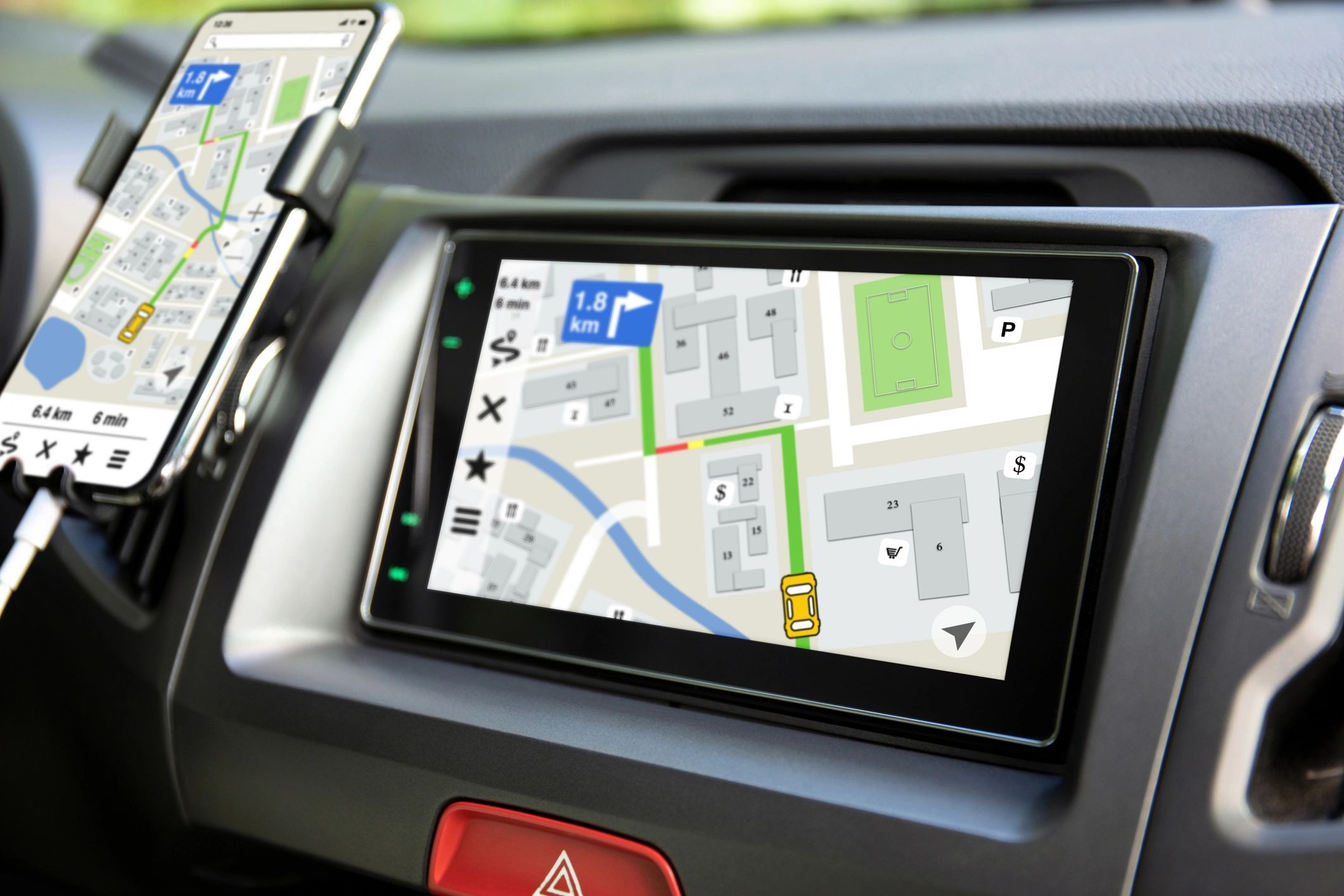 Touchscreen car radio showing a navigation map