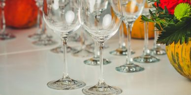Empty wine glasses on a table.