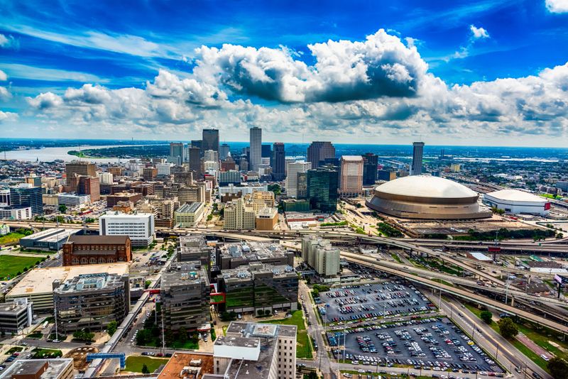 The downtown and surrounding areas of New Orleans, Louisiana shot from an altitude of about 1000 feet during a helicopter photo flight.