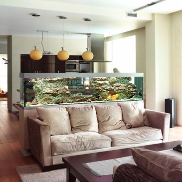 Modern living room with a large built-in aquarium and beige sofa.