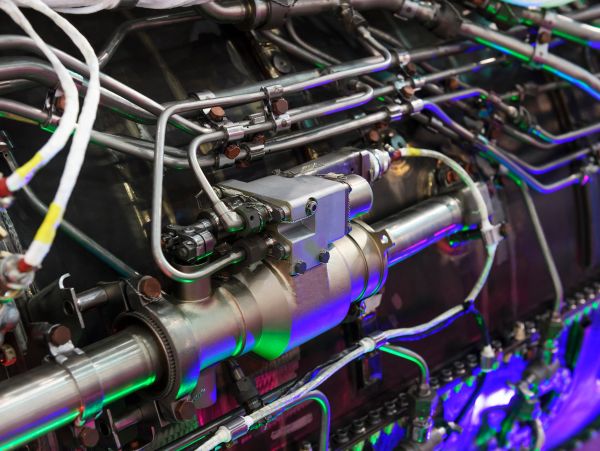 Close-up of a complex engine with metallic pipes and components.