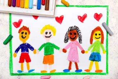Colorful children's drawing of four happy kids holding hands.