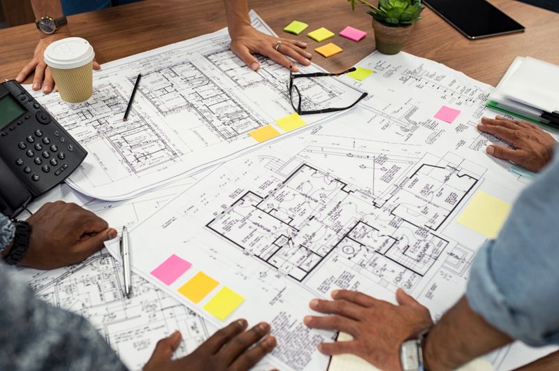 Closeup of multiethnic hands on blueprints at architects office. Team of designer and engineers working together on new residence complex. Top view of blue prints layout of house and buildings on wooden table.