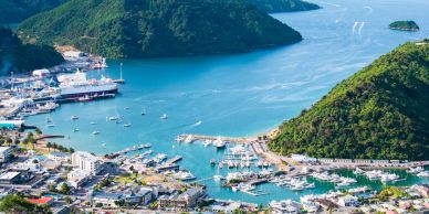 A scenic harbor surrounded by green hills and boats.