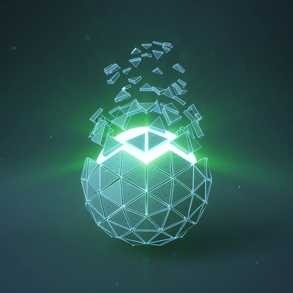 Glowing spherical structure with floating triangular fragments on a dark background.