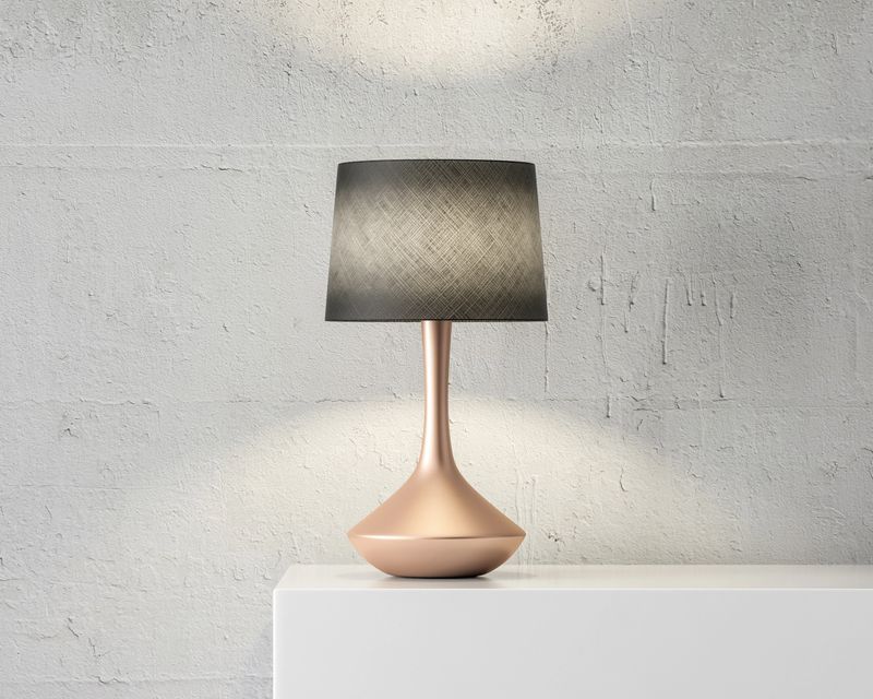 Stylish table lamp mockup with black shade and gold stand on white table, 3d rendering