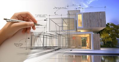 Hand drawing architectural plans transitioning into a modern 3D house design.