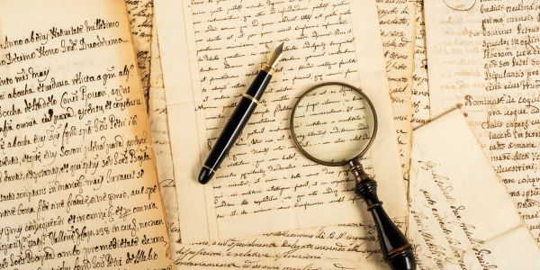 Old handwritten documents with a pen and magnifying glass.