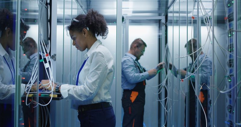 Medium shot of three people working in a data center with rows of server racks checking the equipment and discussing their work