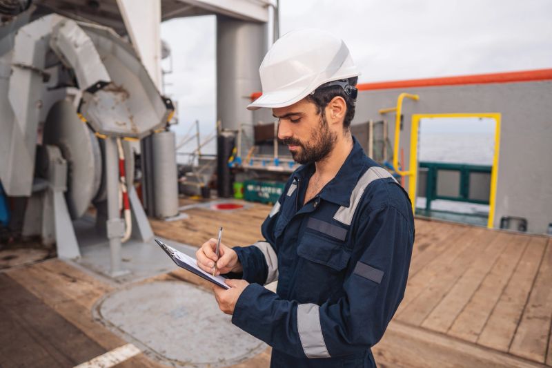 Marine Deck Officer or Chief mate on deck of vessel or ship . He is inspecting and writing checklist. Ship paperwork