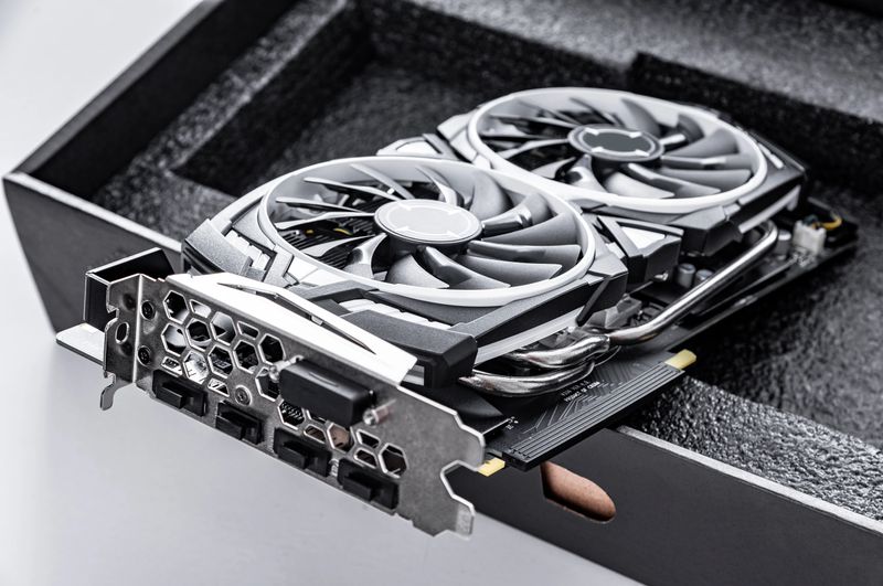 Computer gaming powerful modern graphic card close-up.