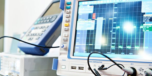 Close-up of an oscilloscope displaying waveforms with connected probes in a lab setting.