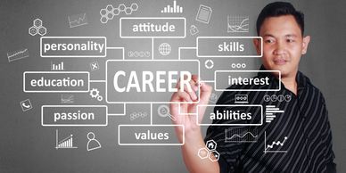 Man illustrating key factors influencing career success on a transparent screen.