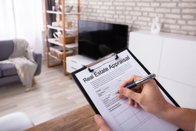 Person filling out a real estate appraisal form indoors.