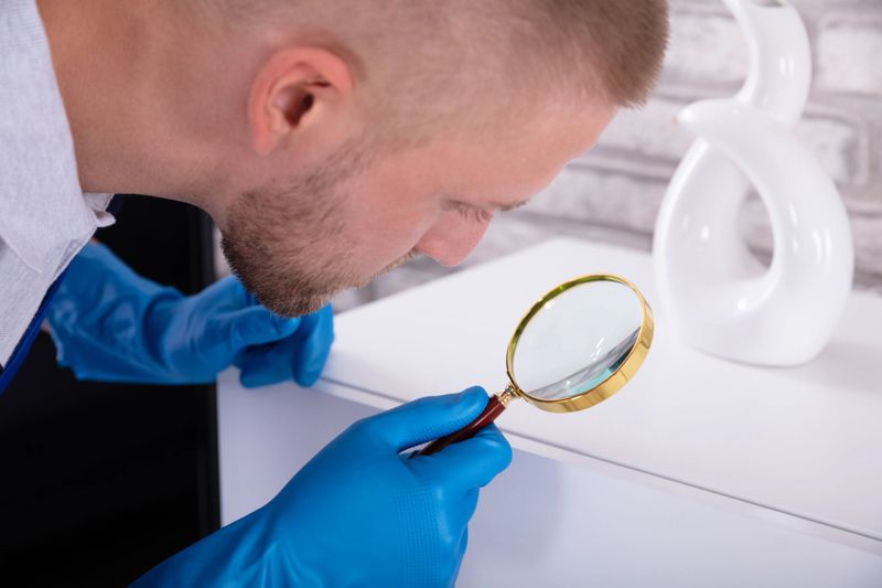 Close-up Of A Young Male Janitor Examining Cabinet With Magnifying Glass