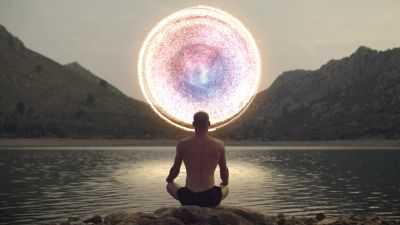 Person meditating by a lake with a glowing cosmic orb.