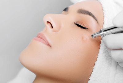 Woman receiving a microneedling facial treatment.