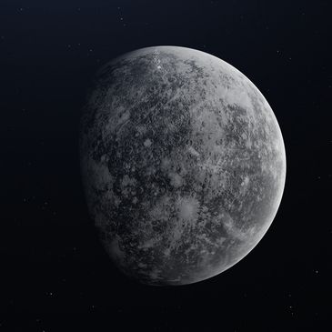 A detailed view of a cratered celestial body in space.