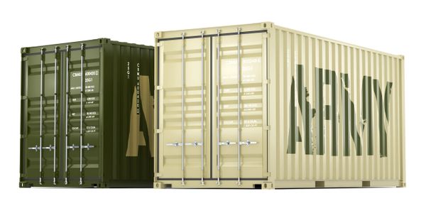 Two military shipping containers with "ARMY" markings in green and tan colors.