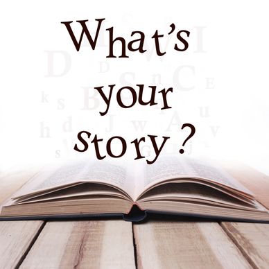 Open book with the text 'What's your story?' above it.