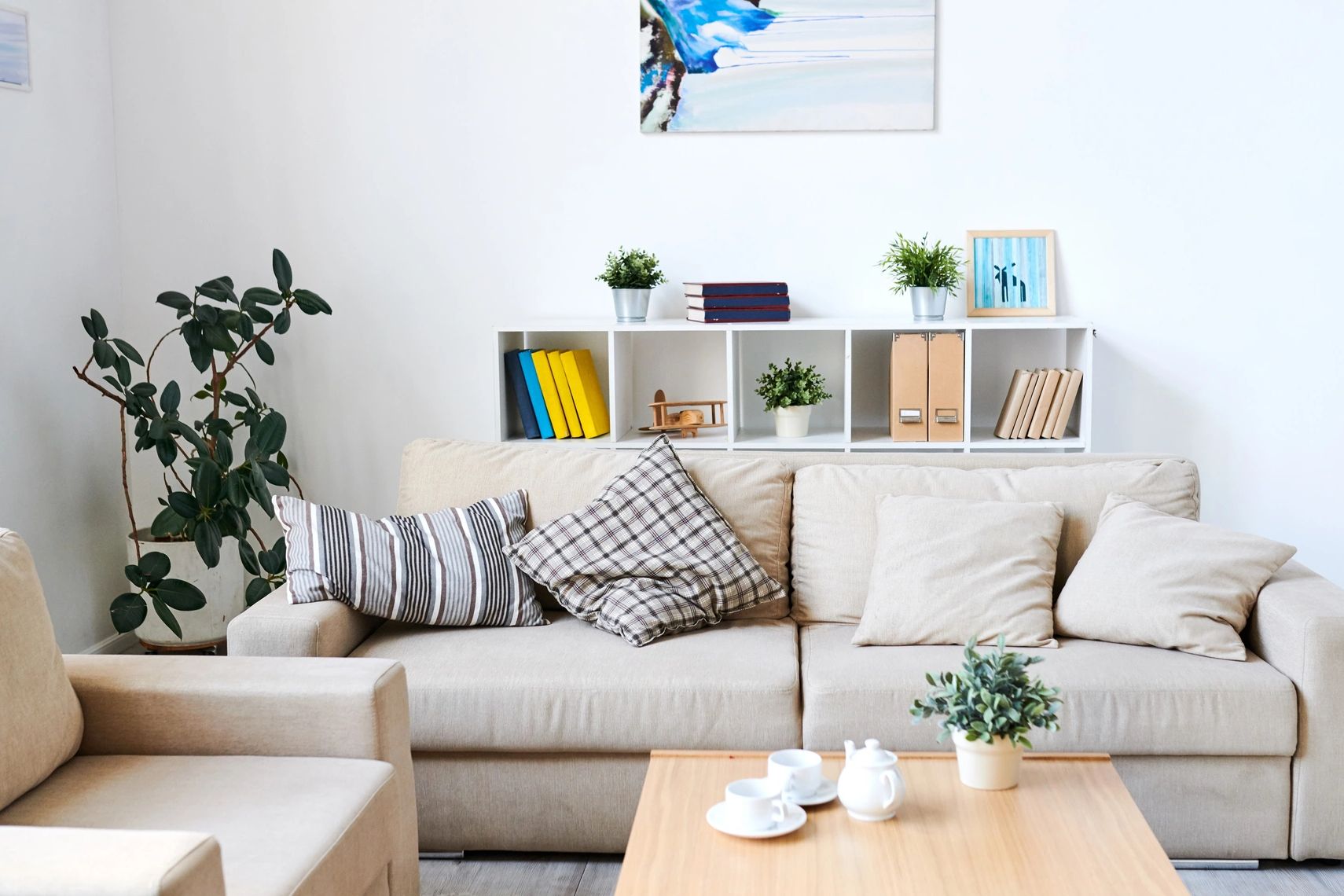 Bright therapy room with beige comfortable couches, soft pillows, and a bookshelf and some plants.