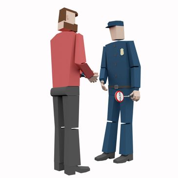 Low-poly illustration of a man talking to a police officer.
