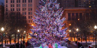 A large Christmas tree is decorated with colorful lights in a snowy Chicago park | VisitBronzeville