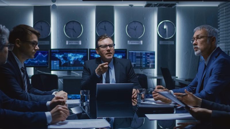 Senior Government Member Holds an Impromptu Meeting with His Team of Advisors at the Emergency Operations Center. Agency Director Gives Orders to His Subordinates in the Negotiations Room.