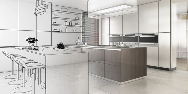 A modern kitchen design transitioning from a sketch to a realistic image.
