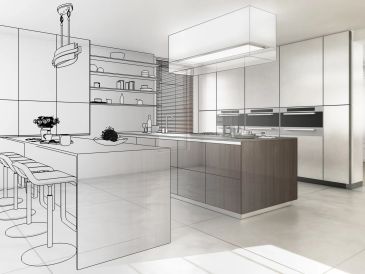 Modern kitchen design sketch with island and stools.